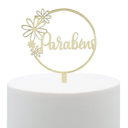 Topper Parabéns Flores - Dourado